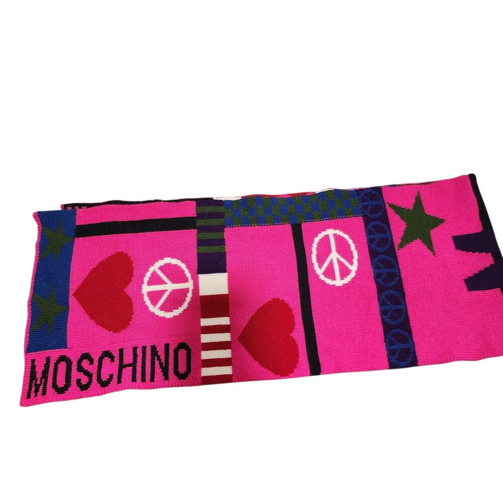 Moschino Pink Graphic Knit Scarf Hearts Peace Signs‎ Logo Wool Made in Italy